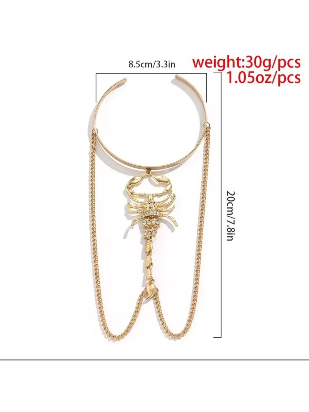 New Gold Scorpion Upper High Arm Cuff Bracelet w/ Rhinestone & Chain Accents - Picture 11 of 11